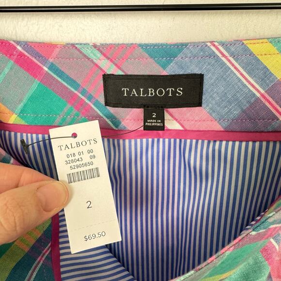 Talbots | NWT Madras Plaid Pastel Linen Blend Knee Length A-lined Skirt - Picture 6 of 8